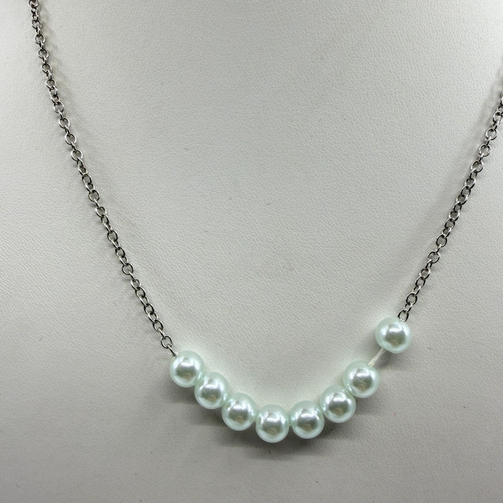 Minimalist White Pearl Accent Silver Tone Chain Necklace Adjustable Boho Chic